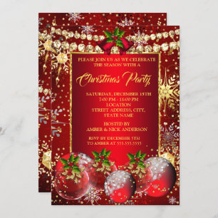 Convites Baubles Holly, Festa Dourada de Natal Vermelha