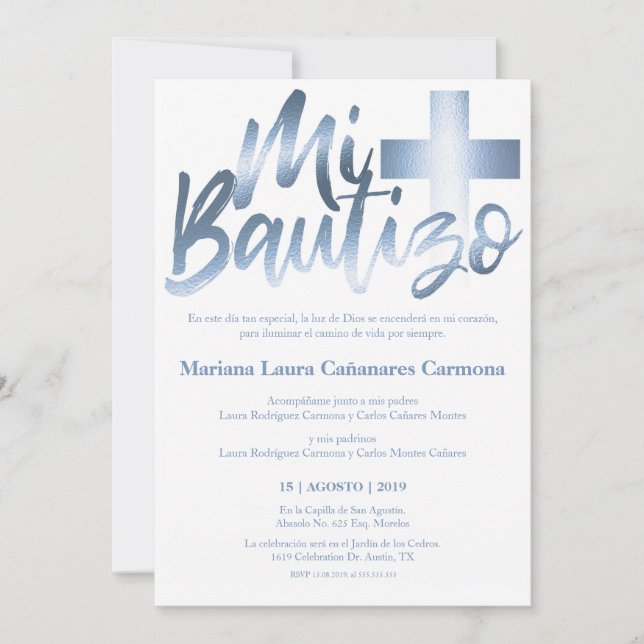 Convites Bautizo Baptism Língua Espanhola Faux DOURADO (Frente)
