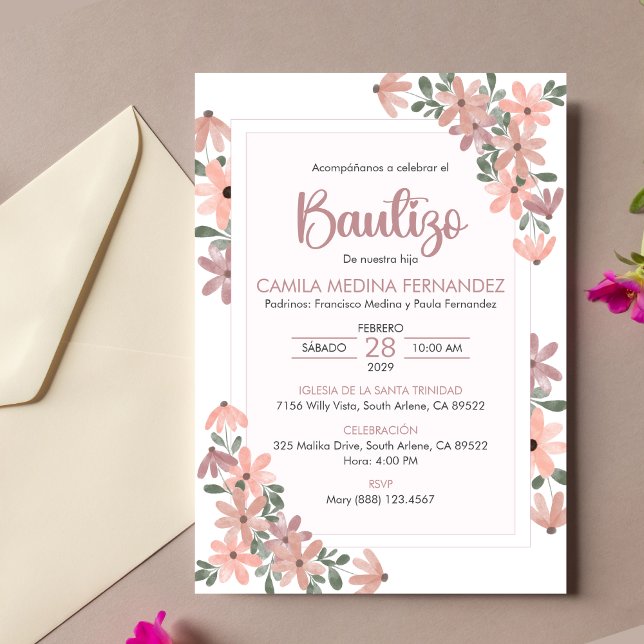 Convites Bautizo Boho Flor Baptism, Injeção Espanhola (Criador carregado)
