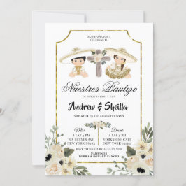 Convites Bautizo, Dourada e Branca, Garota Floral Gêmea