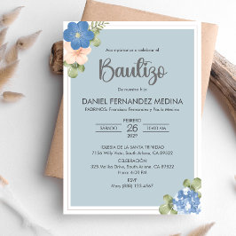 Convites Bautizo Espanhol Invitación Blue Flores Baptism