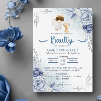 Convites Bautizo Flores AZUIS BOY Angel Baptism