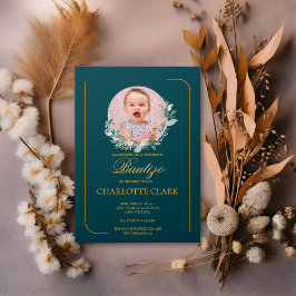 Convites Bautizo Foto Greenery Elegante Dourado