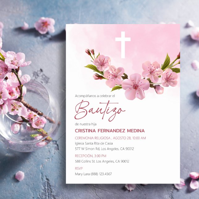 Convites Bautizo Invitación Baptism Flores Rosa Japonesas (Criador carregado)