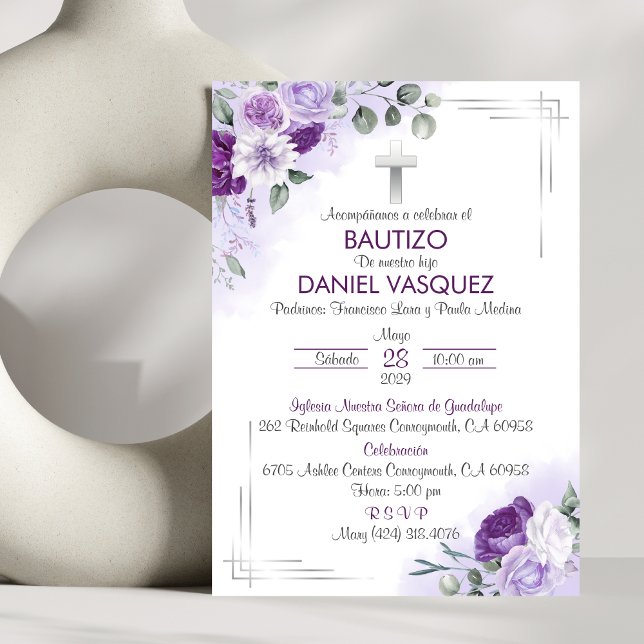 Convites Bautizo Invitación Baptism Flores Roxas Cutis (Criador carregado)