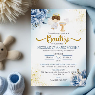 Convites Bautizo Invitación BLUE Flowers BOY Angel Baptism
