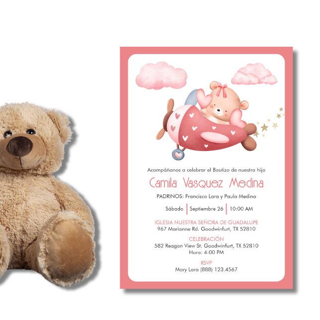 Convites Bautizo Invitación Cute Bear Girl Baptism (Criador carregado)