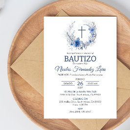 Convites Bautizo Invitación Cute Cross Blue Flores Baptism