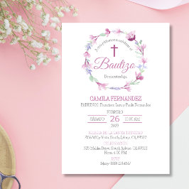 Convites Bautizo Invitación Cute Cross Pink Flowes Baptism