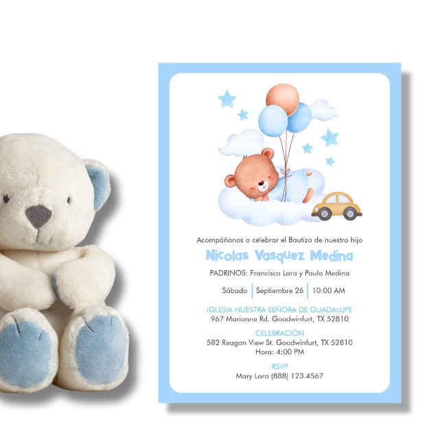 Convites Bautizo Invitación Cute Teddy Bear Boys Baptism (Criador carregado)