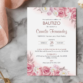 Convites Bautizo Invitación em Flores Rosa Batismo Espanhol