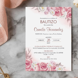 Convites Bautizo Invitación em Flores Rosa Batismo Espanhol