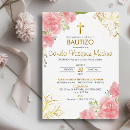 Convites Bautizo Invitación em Flores Rosa Batismo Espanhol