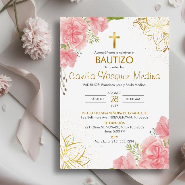 Convites Bautizo Invitación em Flores Rosa Batismo Espanhol (Criador carregado)