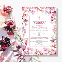 Bautizo Invitación em Flores Rosa Batismo Espanhol