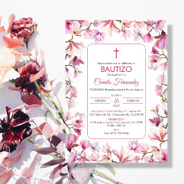 Convites Bautizo Invitación em Flores Rosa Batismo Espanhol