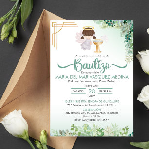 Convites Bautizo Invitación Verde Flor Batismo Católico