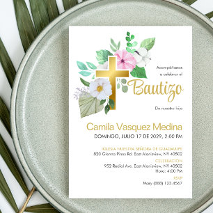 Convites Bautizo Invitación White Flores Elegantes Baptism