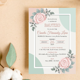 Convites Bautizo Invitation Cute Pink Roses Flor Baptism