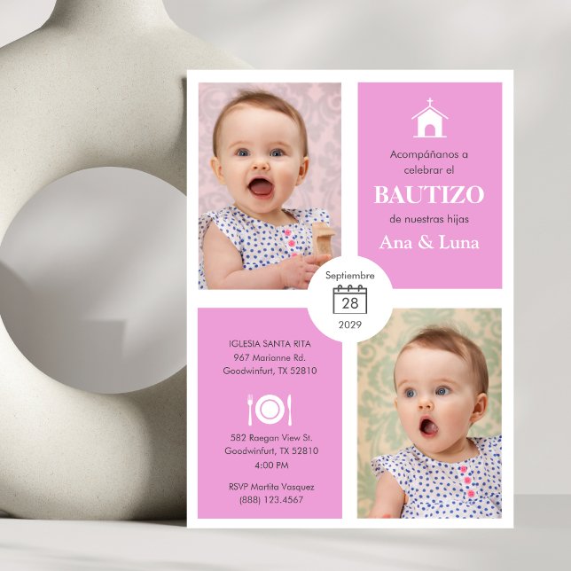 Convites Bautizo Invitório Personalizado Twin Girls Bonito  (Criador carregado)