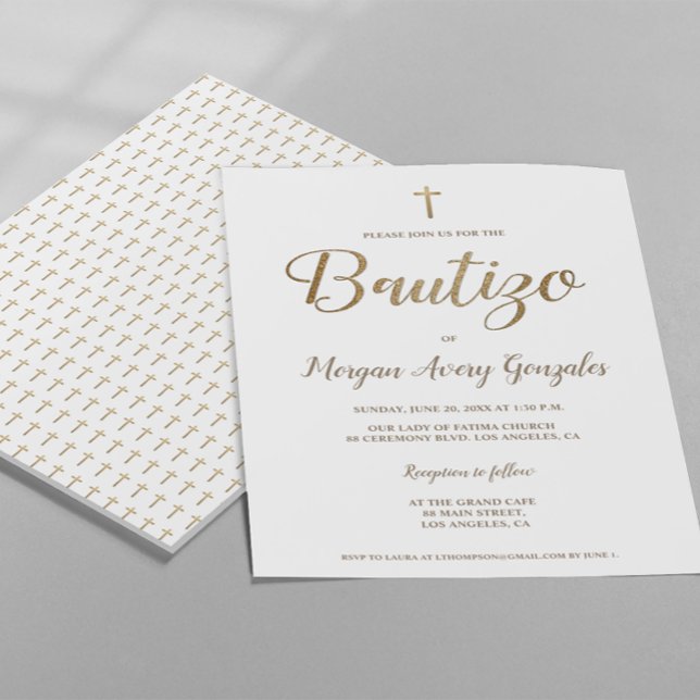 Convites Bautizo Simples Cruz Branca Dourada do Batismo Esp (Elegant, Simple Bautizo Spanish Baptism customizable invitation template Gold cross and white design)