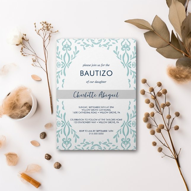 Convites Bautizo Toile De Jouy Nino Nina Baptism Em Espanho (Bautizo Toile De Jouy Nino Nina Baptism In Spanish Invitation)