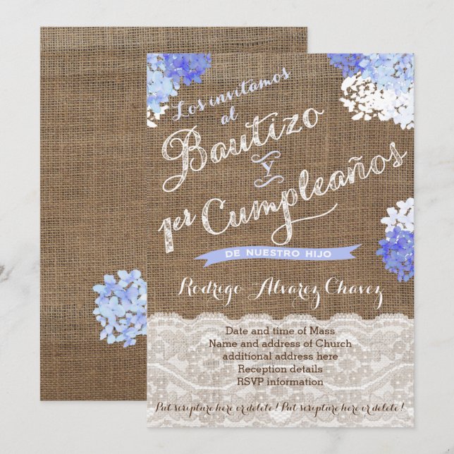 Convites Bautizo y 1er cumple, Latino Baptism Aniversário (Frente/Verso)