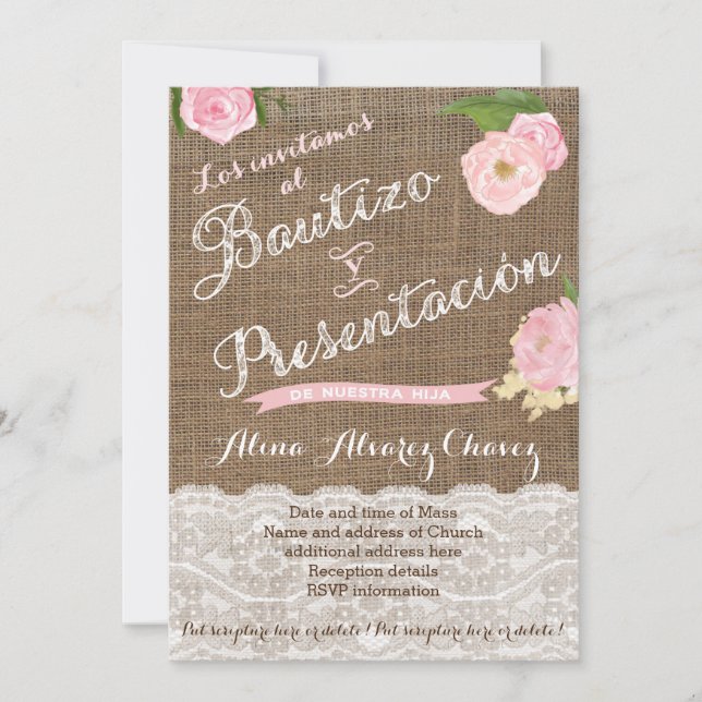 Convites Bautizo y presentación, niña, arpillera, encaje (Frente)