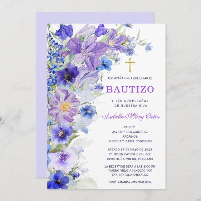 Convites Bautizo Y Primer Añito de nuestro hija (Frente/Verso)