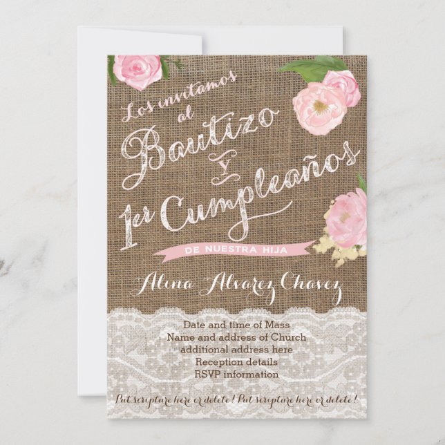 Convites Bautizo y primer cumple, espanhol convidado Castel (Frente)
