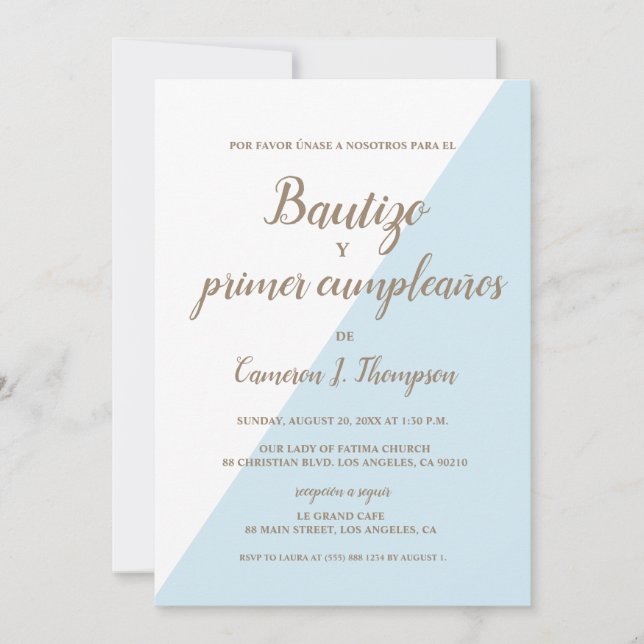 Convites Bautizo y primer cumpleaños Baptism spanish Blue (Frente)