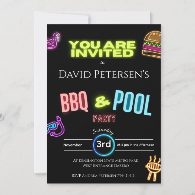 Convites BBQ and Pool Party Neon Birthday Invitation (Frente)