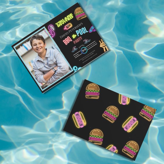 Convites BBQ and Pool Party Neon Photo Birthday Invitation (Criador carregado)