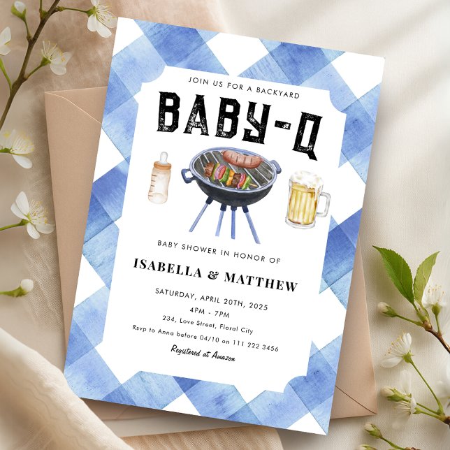 Convites BBQ Baby Shower Blue Gingham Baby-Q (BBQ Baby Shower Blue Gingham Baby Q Invitation)