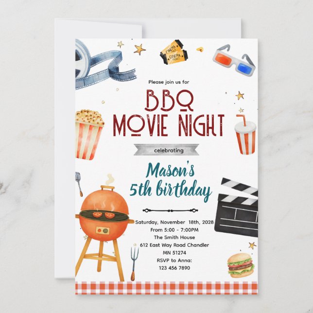 Convites BBQ Backyard Movie Night Invitation (Frente)
