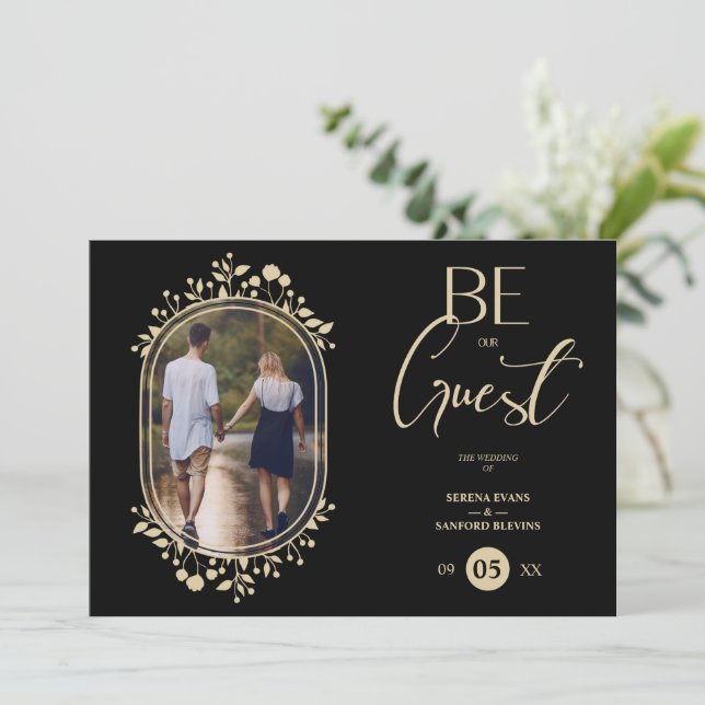 Convites Be our Guest Black Wedding Fancy Frame Flowers (Em pé/Frente)