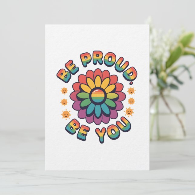 Convites Be Proud Be You – Retro Rainbow Flower Pride Quote (Em pé/Frente)