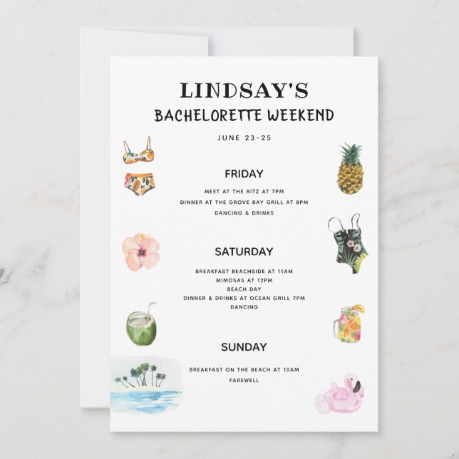 Convites Beach Bikini Bachelorette Itinerary (Frente)