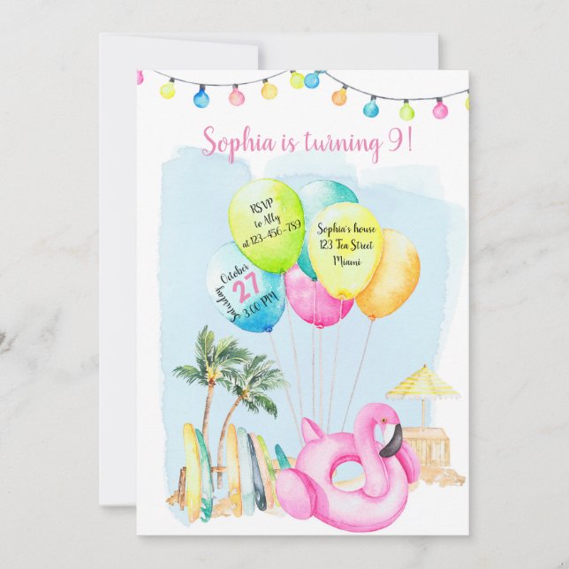 Convites Beach Birthday Invitation, Beach Invitation (Frente)