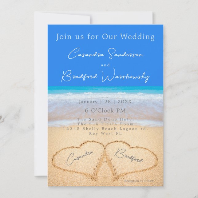 Convites Beach Blue 2 Hearts in the Sand Wedding (Frente)