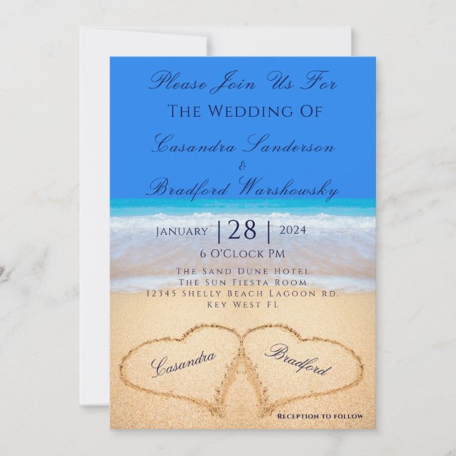 Convites Beach Blue 2 Hearts in the Sand Wedding (Frente)