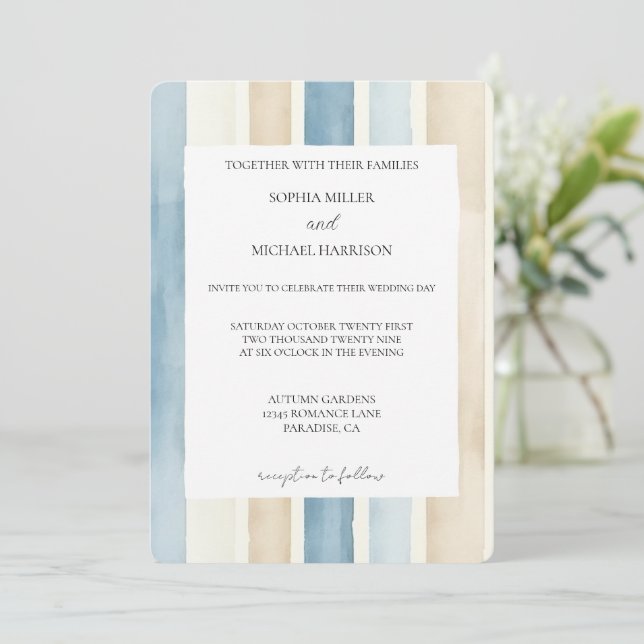 Convites Beach Blue Ivory Cream Sand Stripes Wedding (Em pé/Frente)