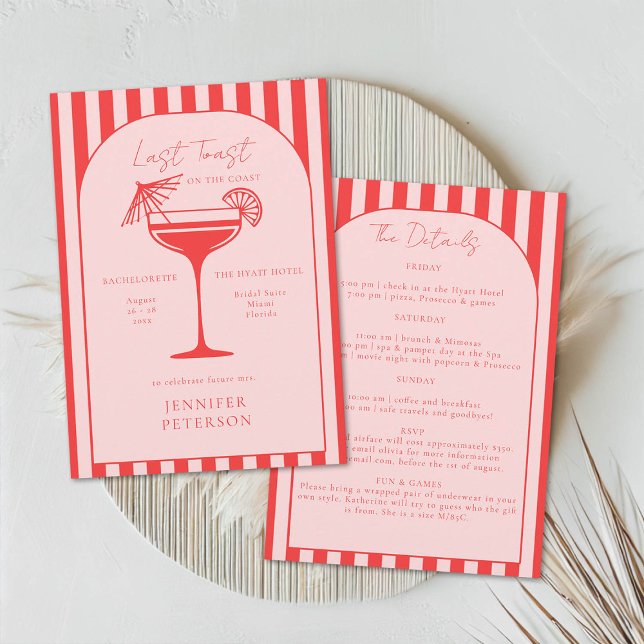 Convites Beach Boho Red Pink Festa de solteira Itinerário (beach bachelorette weekend last toast coastal nautical stripes boho arch elegant classy red pink)