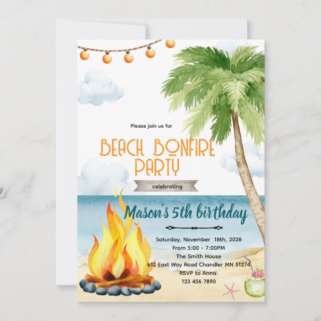 Convites Beach bonfire party theme invitation (Frente)