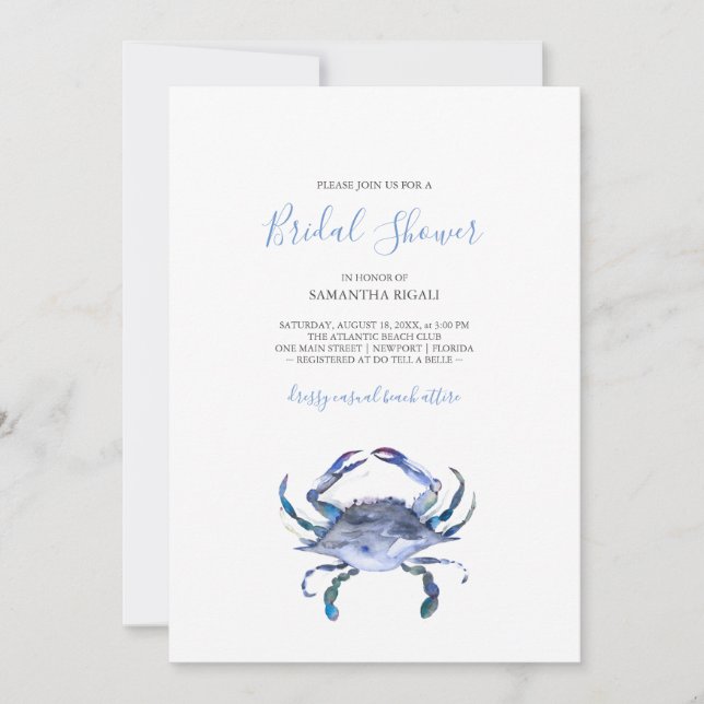 Convites Beach Bridal Shower Invitations Watercolor Crab (Frente)