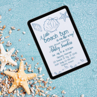 Convites Beach Bum on the Way, Blue Seashells Baby Shower