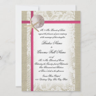 Convites Beach Burlap e Lace Fuchsia Wedding