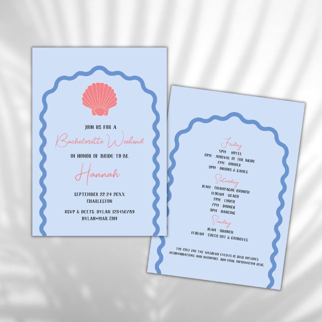 Convites Beach Coastal Bachelorette Weekend Seashell (beach bachelorette invitation coastal bachelorette weekend invitation seashell wavy arch blue pink)