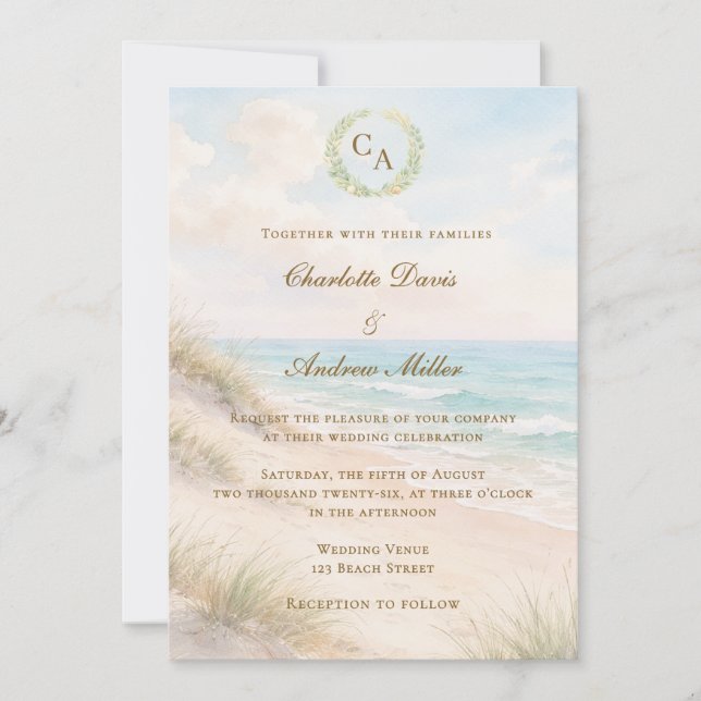 Convites Beach coastal monogrammed wedding (Frente)