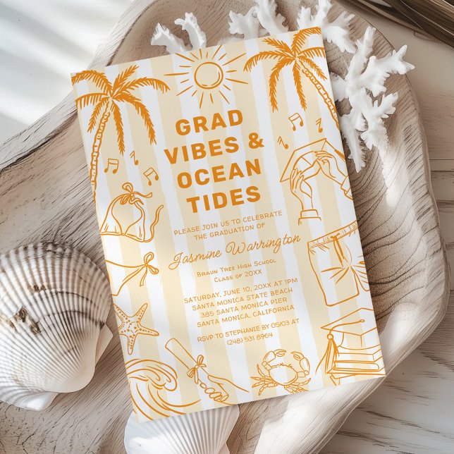 Convites Beach Grad Vibes Doodle Yellow Graduation (Criador carregado)